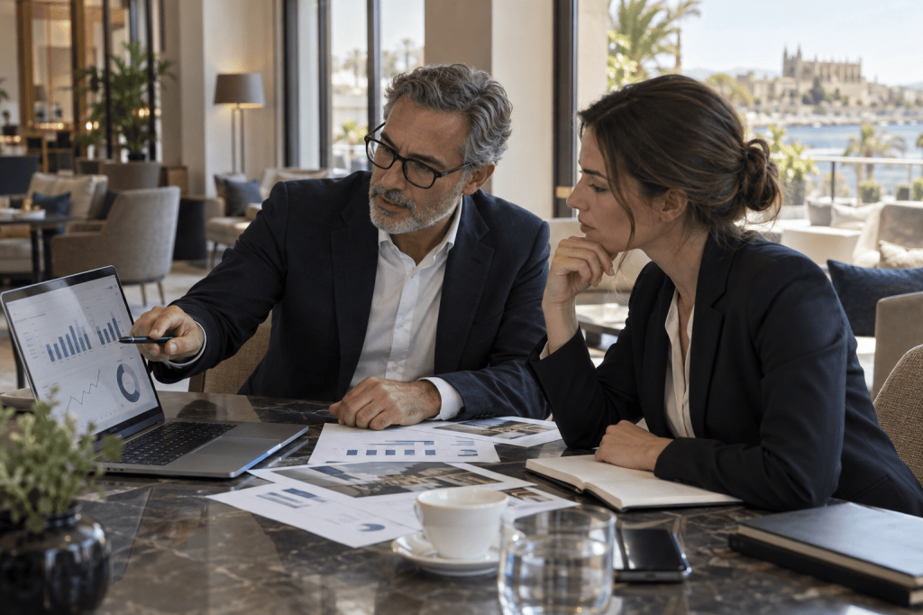 Consultor y responsable hotelera analizando datos y estrategia comercial